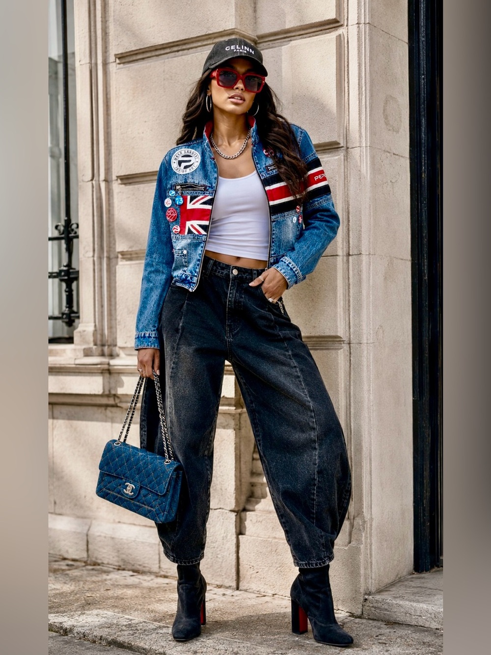 Pepe Jeans London Y2K Union Jack Patch Denim Moto Jacket L VTG
